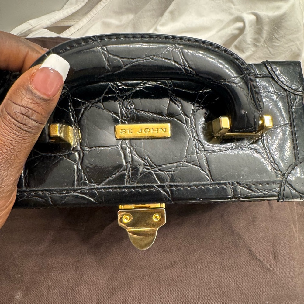 St. John Black Leather Clutch with Gold Accents